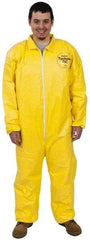 Dupont - Size XL PE Film Chemical Resistant Coveralls - Yellow, Zipper Closure, Elastic Cuffs, Elastic Ankles, Serged Seams - USA Tool & Supply