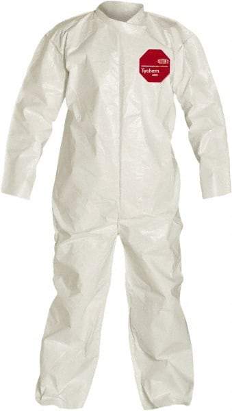 Dupont - Size 4XL Saranex Chemical Resistant Coveralls - White, Zipper Closure, Open Cuffs, Open Ankles, Bound Seams - USA Tool & Supply