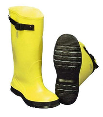 Dunlop Protective Footwear - Men's 15 (Women's 17) Rain & Cold Resistant Overboots - 17" High, Plain Toe, Self Cleaning & Cleated Sole, PVC Upper, Yellow, Adjustable Polyester Strap, Buckles & Snaps - USA Tool & Supply