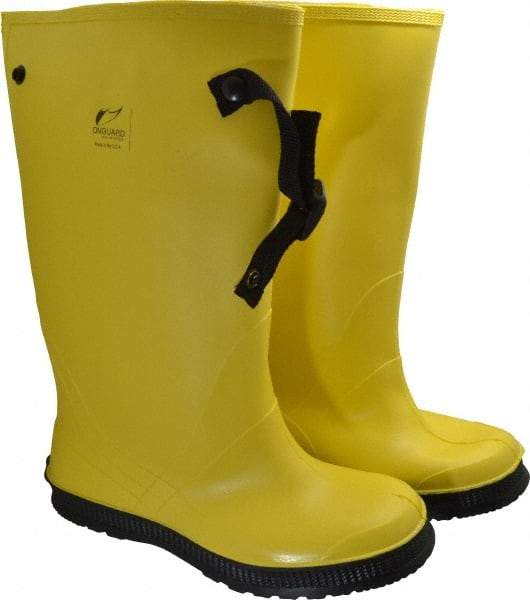 Dunlop Protective Footwear - Men's 11 Rain & Cold Resistant Overboots - 17" High, Plain Toe, Self Cleaning & Cleated Sole, PVC Upper, Yellow, Adjustable Polyester Strap, Buckles & Snaps - USA Tool & Supply