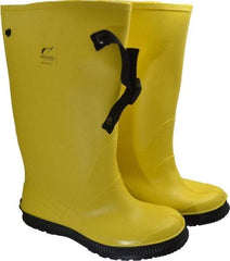 Dunlop Protective Footwear - Men's 11 Rain & Cold Resistant Overboots - 17" High, Plain Toe, Self Cleaning & Cleated Sole, PVC Upper, Yellow, Adjustable Polyester Strap, Buckles & Snaps - USA Tool & Supply