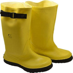 Dunlop Protective Footwear - Men's 13 Rain & Cold Resistant Overboots - 17" High, Plain Toe, Self Cleaning & Cleated Sole, PVC Upper, Yellow, Adjustable Polyester Strap, Buckles & Snaps - USA Tool & Supply