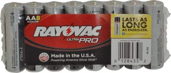 Rayovac - Size AA, Alkaline, 8 Pack, Standard Battery - 1.5 Volts, Button Tab Terminal - USA Tool & Supply