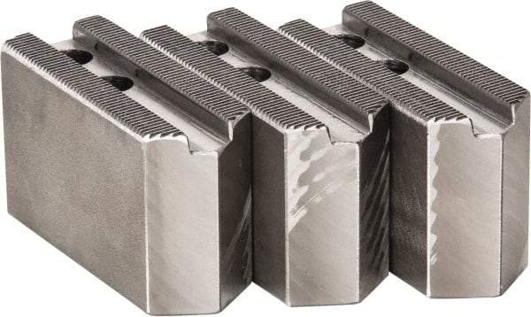 H & R Manufacturing - 1.5mm x 60° Serrated Attachment, Square Soft Lathe Chuck Jaw - 3 Jaws, Steel, 0.787" Btw Mount Hole Ctrs, 3-1/8" Long x 1-1/4" Wide x 2" High, 0.472" Groove, 10mm Fastener - USA Tool & Supply