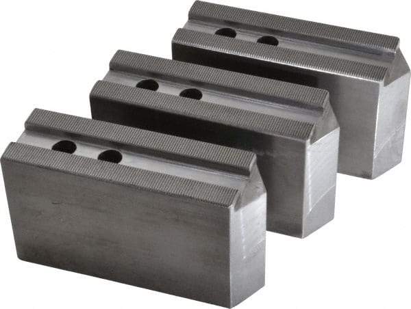 H & R Manufacturing - 1.5mm x 60° Serrated Attachment, Square Soft Lathe Chuck Jaw - 3 Jaws, Steel, 1.181" Btw Mount Hole Ctrs, 6-1/4" Long x 2" Wide x 3-1/2" High, 0.71" Groove, 14mm Fastener - USA Tool & Supply