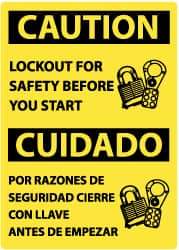 NMC - "Caution - Lockout for Safety Before You Start", 14" Long x 10" Wide, Rigid Plastic Safety Sign - Rectangle, 0.05" Thick, Use for Accident Prevention - USA Tool & Supply