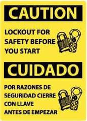 NMC - "Caution - Lockout for Safety Before You Start", 14" Long x 10" Wide, Rigid Plastic Safety Sign - Rectangle, 0.05" Thick, Use for Accident Prevention - USA Tool & Supply