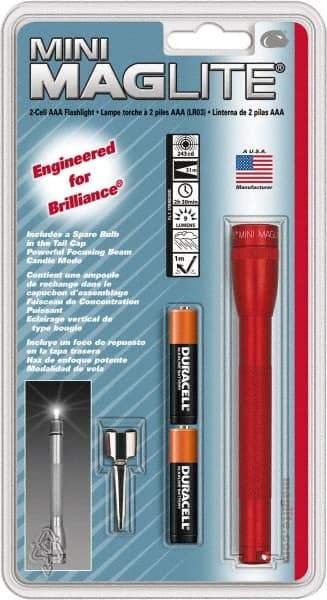 Mag-Lite - Krypton Bulb, 9 Lumens, Mini Flashlight - Red Aluminum Body, 2 AAA Alkaline Batteries Included - USA Tool & Supply
