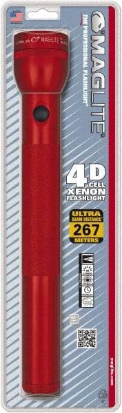 Mag-Lite - Krypton Bulb, 98 Lumens, Industrial/Tactical Flashlight - Red Aluminum Body, 4 D Batteries Not Included - USA Tool & Supply