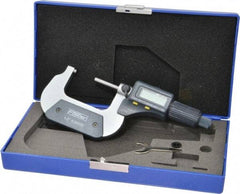 Fowler - 1 to 2 Inch Range, 0.0001 Inch Resolution, Standard Throat, IP54 Electronic Outside Micrometer - 0.0001 Inch Accuracy, Friction Thimble, 357 Battery, Data Output, Includes Case and Wrench - USA Tool & Supply