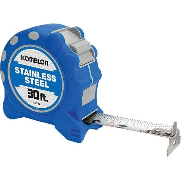 Komelon - 30' x 1" Silver Blade Tape Measure - 1/16" Graduation, Inch Graduation Style, Blue/Gray Case - USA Tool & Supply