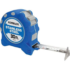 Komelon - 30' x 1" Silver Blade Tape Measure - 1/16" Graduation, Inch Graduation Style, Blue/Gray Case - USA Tool & Supply