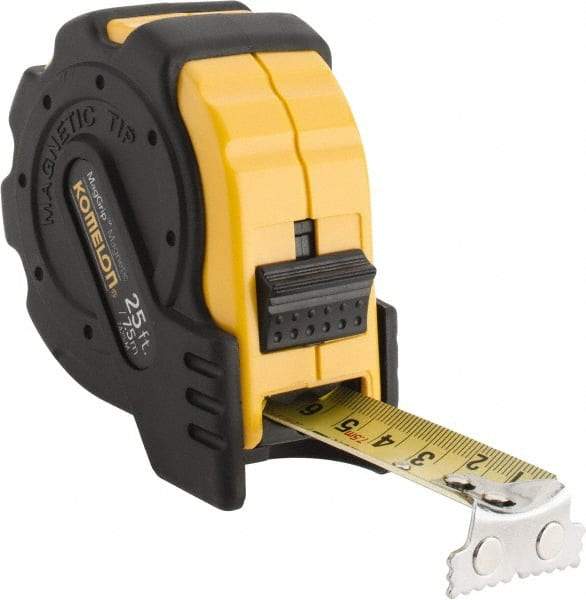 Komelon - 25' x 1" Yellow Blade Tape Measure - 1/16" & 1mm Graduation, Inch/Metric Graduation Style, Yellow/Black Case - USA Tool & Supply