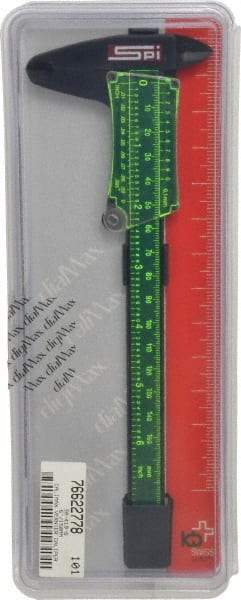 SPI - 0 to 6" Super Polymid Vernier Caliper - 0.10mm Graduation, 1-1/2" Jaw Depth, 0.002" Accuracy, Thumb Lock, Includes Depth Measurement Rod & Inside Diam Jaws - USA Tool & Supply