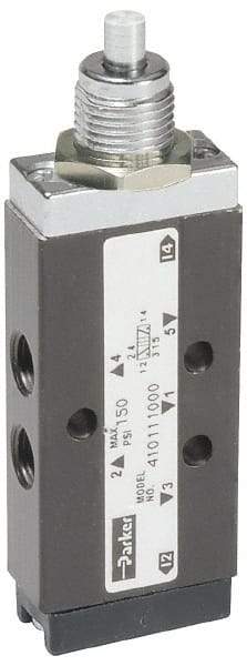 Parker - 0.20 CV Rate, 1/8" NPT Inlet Direct Air 2 Mechanical Spool Valve - 4 Way, 2 Position, 150 Max psi, Plunger Spring Return - USA Tool & Supply