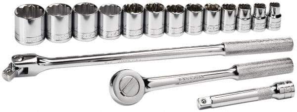 SK - 16 Piece 1/2" Drive Socket Set - 6, 12 Points, 7/16" to 1-1/4" Range, Inch Measurement Standard - USA Tool & Supply