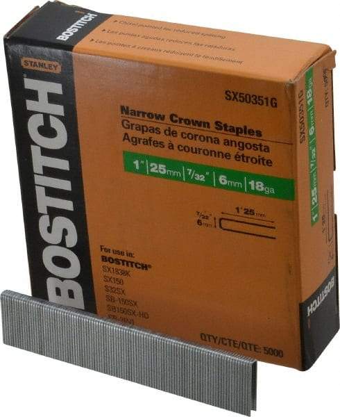 Stanley Bostitch - 1" Long x 7/32" Wide, 18 Gauge Crowned Construction Staple - Steel, Galvanized Finish - USA Tool & Supply