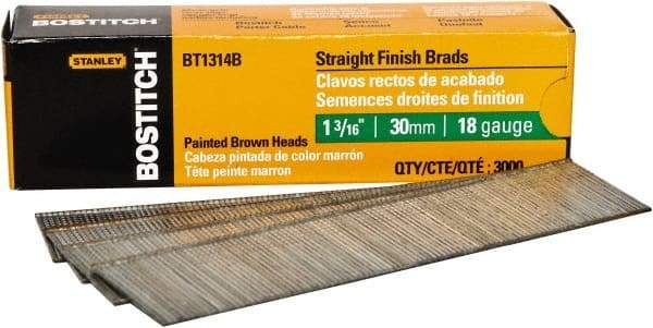 Stanley Bostitch - 18 Gauge 0.05" Shank Diam 1-3/16" Long Brad Nails for Power Nailers - Steel, Bright Finish, Ring Shank, Straight Stick Adhesive Collation, Brad Head, Chisel Point - USA Tool & Supply