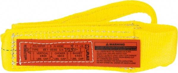 Lift-All - 4' Long x 3" Wide, 4,800 Lb Vertical Capacity, 1 Ply, Polyester Web Sling - 3,800 Lb Choker Capacity, Yellow - USA Tool & Supply