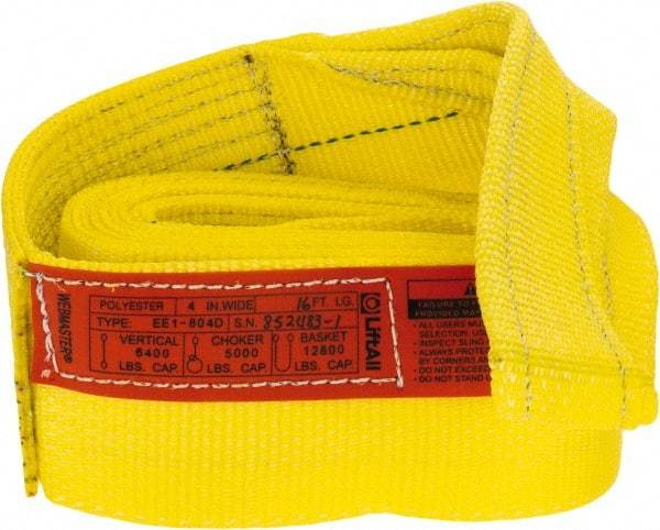 Lift-All - 16' Long x 4" Wide, 6,400 Lb Vertical Capacity, 1 Ply, Polyester Web Sling - 5,000 Lb Choker Capacity, Yellow - USA Tool & Supply
