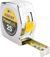 Stanley - 25' x 1" Yellow Blade Tape Measure - 1/16" Graduation, Inch Graduation Style, Silver Case - USA Tool & Supply