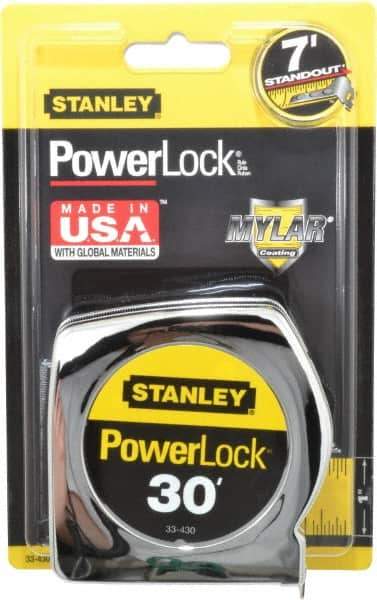 Stanley - 30' x 1" Yellow Blade Tape Measure - 1/16" Graduation, Inch Graduation Style, Silver Case - USA Tool & Supply