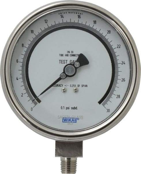 Wika - 4" Dial, 1/4 Thread, 0-30 Scale Range, Pressure Gauge - Lower Connection Mount, Accurate to 0.25% of Scale - USA Tool & Supply