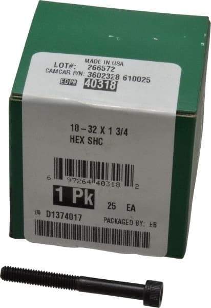 Made in USA - #10-32 UNF Hex Socket Drive, Socket Cap Screw - Alloy Steel, Black Oxide Finish, Partially Threaded, 1-3/4" Length Under Head - USA Tool & Supply