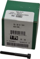 Made in USA - #10-32 UNF Hex Socket Drive, Socket Cap Screw - Alloy Steel, Black Oxide Finish, Partially Threaded, 1-3/4" Length Under Head - USA Tool & Supply