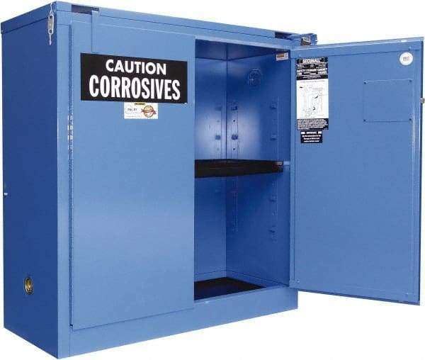 Securall Cabinets - 2 Door, 1 Shelf, Blue Steel Standard Safety Cabinet for Corrosive Chemicals - 46" High x 43" Wide x 18" Deep, Self Closing Door, 3 Point Key Lock, 30 Gal Capacity - USA Tool & Supply