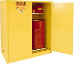 Securall Cabinets - 56" Wide x 31" Deep x 65" High, 18 Gauge Steel Vertical Drum Cabinet with 3 Point Key Lock - Yellow, Manual Closing Door, 1 Shelf, 2 Drums, Drum Rollers Included - USA Tool & Supply