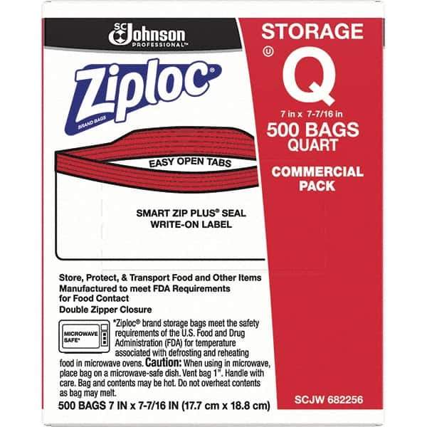 Ziploc - 500 Piece, 1 Quart Capacity, 8 Inch Long x 7 Inch Wide, Ziploc Storage Bag - 1.75 mil Thick, Rectangle Clear Plastic - USA Tool & Supply