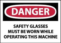 NMC - Accident Prevention Label, Header: DANGER - Legend: Danger - Safety Glasses Must Be Worn While Operating This Machine, English, Red, Black & White, 5" Long x 3" High, Sign Muscle Finish - USA Tool & Supply