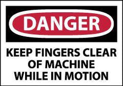 NMC - Accident Prevention Label, Header: DANGER - Legend: Danger - Keep Fingers Clear of Machine While in Motion, English, Red, Black & White, 5" Long x 3" High, Sign Muscle Finish - USA Tool & Supply
