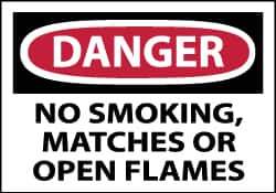NMC - Accident Prevention Label, Header: DANGER - Legend: Danger - No Smoking, Matches or Open Flames, English, Red, Black & White, 5" Long x 3" High, Sign Muscle Finish - USA Tool & Supply