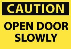 NMC - Caution - Open Door Slowly, Pressure Sensitive Vinyl Fire and Exit Sign - 5" Wide x 3" High - USA Tool & Supply