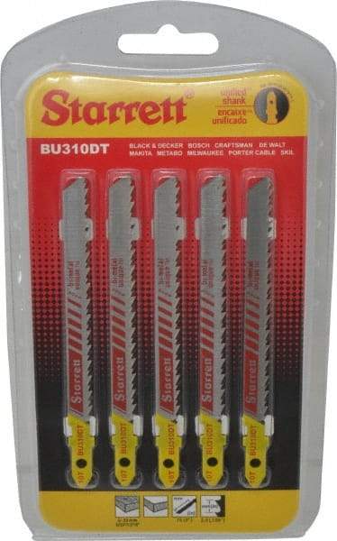 Starrett - 4" Long, 10 Teeth per Inch, Bi-Metal Jig Saw Blade - Toothed Edge, 5/16" Wide x 0.05" Thick, U-Shank, Ground Taper Tooth Set - USA Tool & Supply