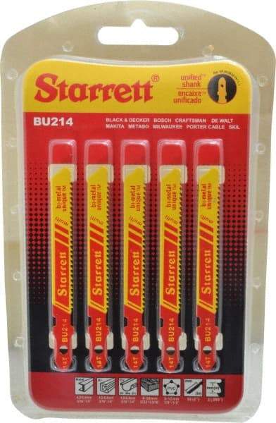 Starrett - 3" Long, 14 Teeth per Inch, Bi-Metal Jig Saw Blade - Toothed Edge, 5/16" Wide x 0.04" Thick, U-Shank, Wavy Tooth Set - USA Tool & Supply