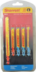 Starrett - 5 Piece, 3" to 5" Long, 10-14 to 32 Teeth per Inch, Bi-Metal Jig Saw Blade Set - Toothed Edge, 3/16" to 3/8" Wide, 0.04" to 0.04" Thick, U-Shank - USA Tool & Supply