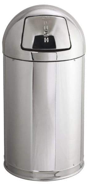 Rubbermaid - 12 Gal Round Trash Can - 30 Inch High, 15 Inch Diameter, Chrome, Steel, Dome Top Style, Includes Lid - USA Tool & Supply