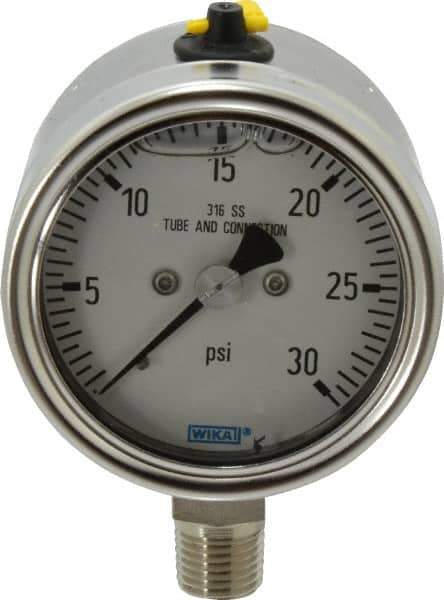 Wika - 2-1/2" Dial, 1/4 Thread, 30 Scale Range, Pressure Gauge - Lower Connection Mount, Accurate to 2-1-2% of Scale - USA Tool & Supply