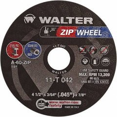 WALTER Surface Technologies - 4-1/2" 60 Grit Aluminum Oxide Cutoff Wheel - 3/64" Thick, 7/8" Arbor, 13,300 Max RPM, Use with Angle Grinders - USA Tool & Supply