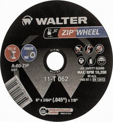 WALTER Surface Technologies - 6" 60 Grit Aluminum Oxide Cutoff Wheel - 3/64" Thick, 7/8" Arbor, 10,200 Max RPM, Use with Angle Grinders - USA Tool & Supply