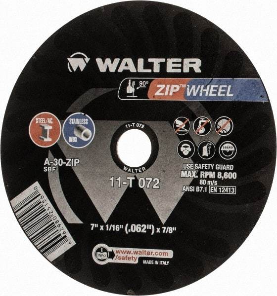 WALTER Surface Technologies - 7" 30 Grit Aluminum Oxide Cutoff Wheel - 1/16" Thick, 7/8" Arbor, 8,600 Max RPM, Use with Angle Grinders - USA Tool & Supply