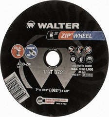 WALTER Surface Technologies - 7" 30 Grit Aluminum Oxide Cutoff Wheel - 1/16" Thick, 7/8" Arbor, 8,600 Max RPM, Use with Angle Grinders - USA Tool & Supply