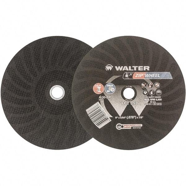 WALTER Surface Technologies - 9" 30 Grit Aluminum Oxide Cutoff Wheel - 5/64" Thick, 7/8" Arbor, 6,800 Max RPM, Use with Angle Grinders - USA Tool & Supply