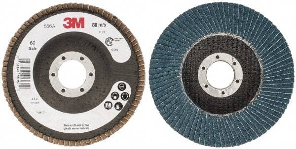 3M - 60 Grit, 4-1/2" Disc Diam, 7/8" Center Hole, Type 27 Zirconia Alumina Flap Disc - 13,300 Max RPM, Cloth Backing, Arbor Attaching System, Coated - USA Tool & Supply
