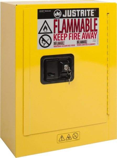 Justrite - 1 Door, 1 Shelf, Yellow Steel Space Saver Safety Cabinet for Flammable and Combustible Liquids - 22" High x 17" Wide x 8" Deep, Manual Closing Door, 2 Gal Capacity - USA Tool & Supply