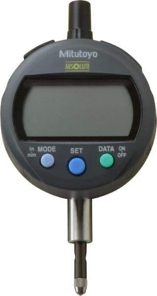 Mitutoyo - 0 to 12.7mm Range, 0.00005" Graduation, Electronic Drop Indicator - Flat Back, Accurate to 0.0001", English & Metric System, LCD Display - USA Tool & Supply