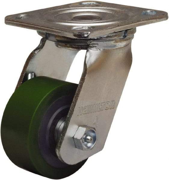 Hamilton - 3-1/4" Diam x 1-1/2" Wide x 5-1/4" OAH Top Plate Mount Swivel Caster - Polyurethane Mold onto Cast Iron Center, 475 Lb Capacity, Straight Roller Bearing, 4 x 4-1/2" Plate - USA Tool & Supply